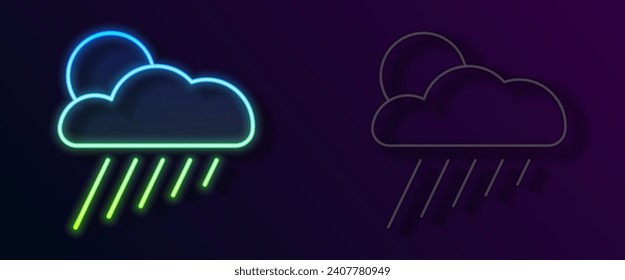 Glowing neon line Cloud with rain and sun icon isolated on black background. Rain cloud precipitation with rain drops.  Vector