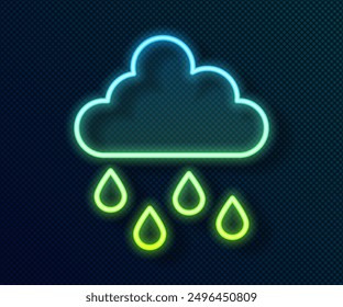 Glowing neon line Cloud with rain icon isolated on black background. Rain cloud precipitation with rain drops.  Vector