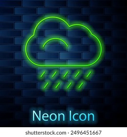 Glowing neon line Cloud with rain icon isolated on brick wall background. Rain cloud precipitation with rain drops.  Vector Illustration