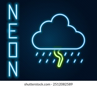 Nube de línea de neón brillante con la lluvia y el icono del relámpago aislado en fondo negro. Precipitación de nubes de lluvia con gotas de lluvia. Icono de Clima de tormenta. Concepto de contorno colorido. Vector