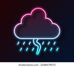 Glowing neon line Cloud with rain and lightning icon isolated on black background. Rain cloud precipitation with rain drops.Weather icon of storm.  Vector
