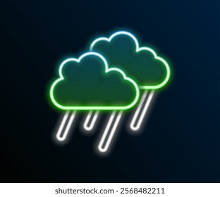 Glowing neon line Cloud with rain icon isolated on black background. Rain cloud precipitation with rain drops. Colorful outline concept. Vector