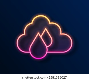 Glowing neon line Cloud with rain icon isolated on black background. Rain cloud precipitation with rain drops.  Vector