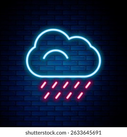 Glowing neon line Cloud with rain icon isolated on brick wall background. Rain cloud precipitation with rain drops. Colorful outline concept. Vector
