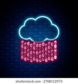 Glowing neon line Cloud with rain icon isolated on brick wall background. Rain cloud precipitation with rain drops. Colorful outline concept. Vector