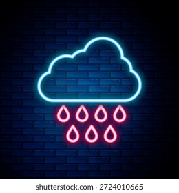 Glowing neon line Cloud with rain icon isolated on brick wall background. Rain cloud precipitation with rain drops. Colorful outline concept. Vector