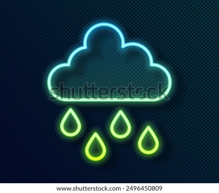 Glowing neon line Cloud with rain icon isolated on black background. Rain cloud precipitation with rain drops.  Vector