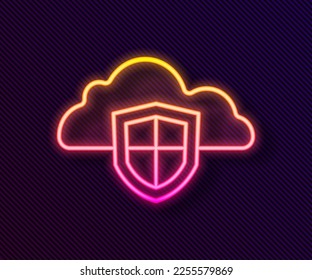 Glowing neon line Cloud and shield icon isolated on black background. Cloud storage data protection. Security, safety, protection, privacy concept.  Vector