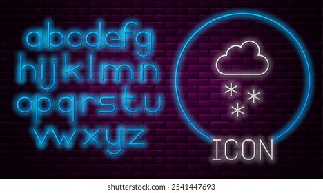 Glowing neon line Cloud with snow icon isolated on brick wall background. Cloud with snowflakes. Single weather icon. Snowing sign. Neon light alphabet. Vector