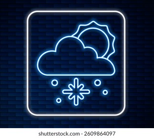 Glowing neon line Cloud with snow and sun icon isolated on brick wall background. Cloud with snowflakes. Single weather icon. Snowing sign.  Vector