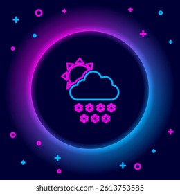 Glowing neon line Cloud with snow and sun icon isolated on black background. Cloud with snowflakes. Single weather icon. Snowing sign. Colorful outline concept. Vector