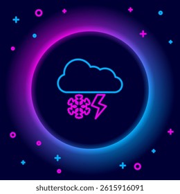 Glowing neon line Cloud with snow and lightning icon isolated on black background. Cloud with snowflakes. Single weather icon. Snowing sign. Colorful outline concept. Vector