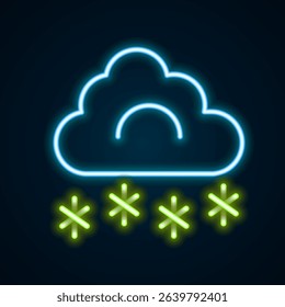 Glowing neon line Cloud with snow icon isolated on black background. Cloud with snowflakes. Single weather icon. Snowing sign. Colorful outline concept. Vector