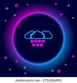 Línea de neón brillante Nube con icono de nieve aislado sobre fondo negro. Nube con copos de nieve. Icono de un solo Clima. Señal de nieve. Concepto de contorno colorido. Vector
