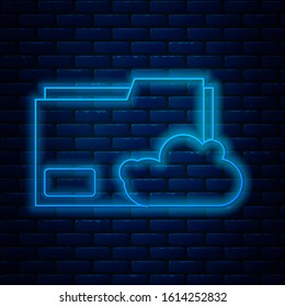 Glowing neon line Cloud storage text document folder icon isolated on brick wall background.  Vector Illustration