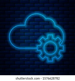Glowing neon line Cloud technology data transfer and storage icon isolated on brick wall background. Adjusting, service, setting, maintenance, repair, fixing.  Vector Illustration