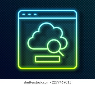 Glühendes Neon-line-Cloud-Technologie-Datenübertragungs- und Speichersymbol einzeln auf schwarzem Hintergrund.  Vektorgrafik