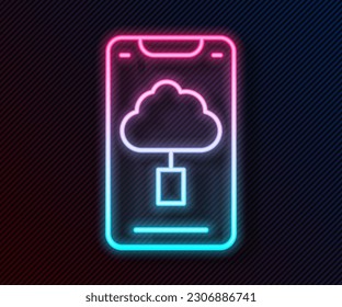 Glowing neon line Cloud technology data transfer and storage icon isolated on black background.  Vector