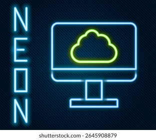 Línea de neón brillante Icono de transferencia de datos y almacenamiento de tecnología en la nube aislado sobre fondo negro. Concepto de contorno colorido. Vector