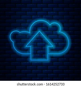 Glowing neon line Cloud upload icon isolated on brick wall background.  Vector Illustration