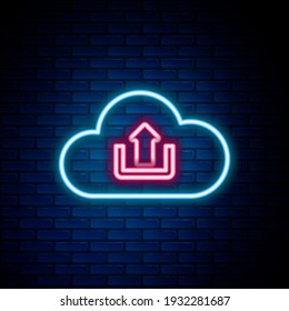 Línea de neón brillante Icono de carga de nube aislado en el fondo de pared de ladrillo. Concepto de esquema colorido. Vector