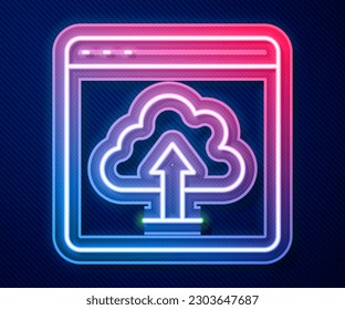 Glowing neon line Cloud upload icon isolated on blue background.  Vector