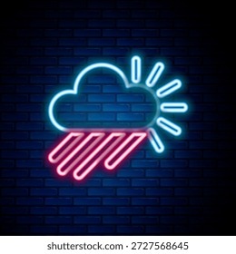 Glowing neon line Cloudy with rain and sun icon isolated on brick wall background. Rain cloud precipitation with rain drops. Colorful outline concept. Vector