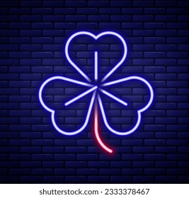 Glowing neon line Clover icon isolated on brick wall background. Happy Saint Patrick day. Colorful outline concept. Vector