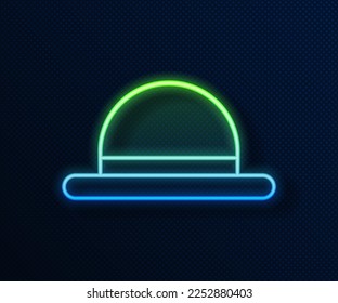 Glowing neon line Clown hat icon isolated on blue background. Bowler hat.  Vector