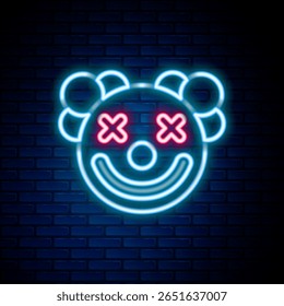 Linha de neon brilhante Ícone da cabeça do palhaço isolado no fundo da parede de tijolo. Conceito de contorno colorido. Vetor