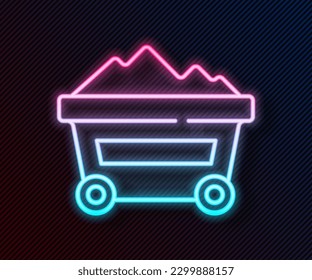 Glowing neon line Coal mine trolley icon isolated on black background. Factory coal mine trolley.  Vector
