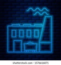 Glowing neon line Coal power plant and factory icon isolated on brick wall background. Energy industrial concept. Coal power station.  Vector Illustration