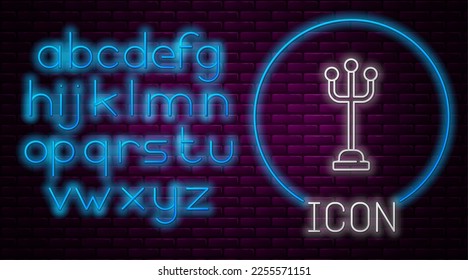 Glowing neon line Coat stand icon isolated on brick wall background. Neon light alphabet. Vector