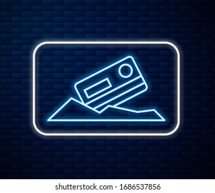 Glowing Neon Line Cocaine And Credit Card Icon Isolated On Brick Wall Background.  Vector Illustration