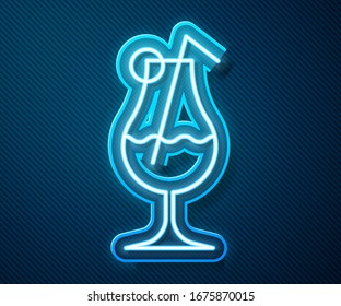 Glowing neon line Cocktail and alcohol drink icon isolated on blue background.  Vector Illustration