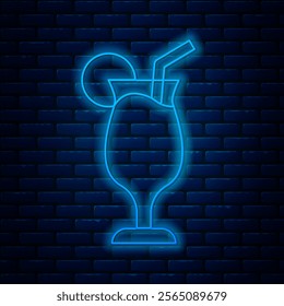 Glowing neon line Cocktail and alcohol drink icon isolated on brick wall background.  Vector