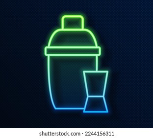 Glowing neon line Cocktail shaker with cocktail glass icon isolated on blue background.  Vector