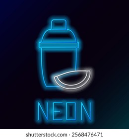 Glowing neon line Cocktail shaker with lime icon isolated on black background. Colorful outline concept. Vector