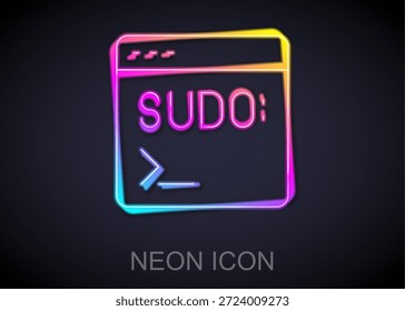 Icono de terminal de código de línea de neón brillante aislado sobre fondo negro. Ventana del navegador con línea de comandos. Panel de comando. Programación y codificación. Bloc de notas.  Vector