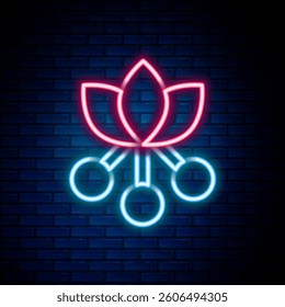 Glowing neon line Coffee bean, branch with leaf and berry icon isolated on brick wall background. Plant with leaf, berry, fruit, seed. Colorful outline concept. Vector
