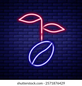 Glowing neon line Coffee beans icon isolated on brick wall background. Colorful outline concept. Vector