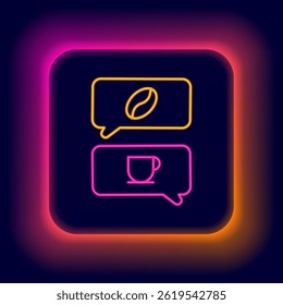 Glowing neon line Coffee and conversation icon isolated on black background. Coffee talk. Speech bubbles chat. Colorful outline concept. Vector