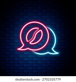 Glowing neon line Coffee and conversation icon isolated on brick wall background. Coffee talk. Speech bubbles chat. Colorful outline concept. Vector