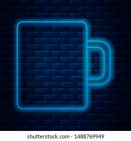 Glowing neon line Coffee cup flat icon isolated on brick wall background. Tea cup. Hot drink coffee.  Vector Illustration