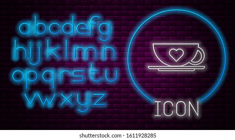 Glowing neon line Coffee cup and heart icon isolated on brick wall background. Couple coffee for lovers on Valentines Day. Neon light alphabet. Vector Illustration