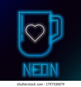 Glowing neon line Coffee cup and heart icon isolated on black background. Couple coffee for lovers on Valentines Day. Colorful outline concept. Vector