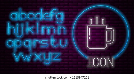 Glowing neon line Coffee cup icon isolated on brick wall background. Tea cup. Hot drink coffee. Neon light alphabet. Vector.