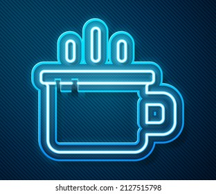 Glowing neon line Coffee cup icon isolated on blue background. Tea cup. Hot drink coffee.  Vector