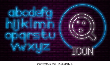 Glowing neon line Coffee cup icon isolated on brick wall background. Tea cup. Hot drink coffee. Neon light alphabet. Vector