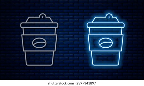 Glowing neon line Coffee cup to go icon isolated on brick wall background.  Vector